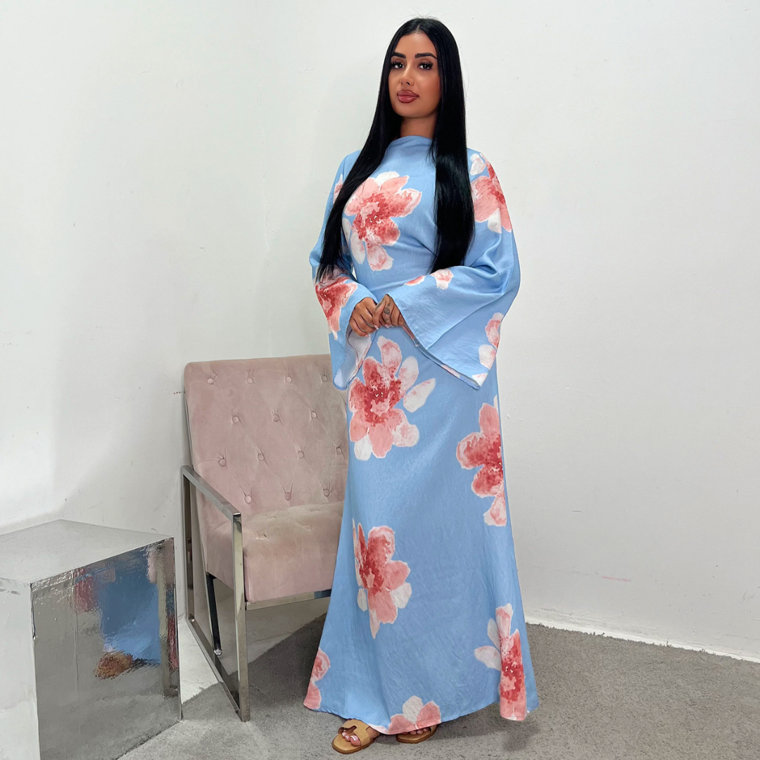 Floral Round Neck Flare Sleeve Bodycon Maxi Dress 2