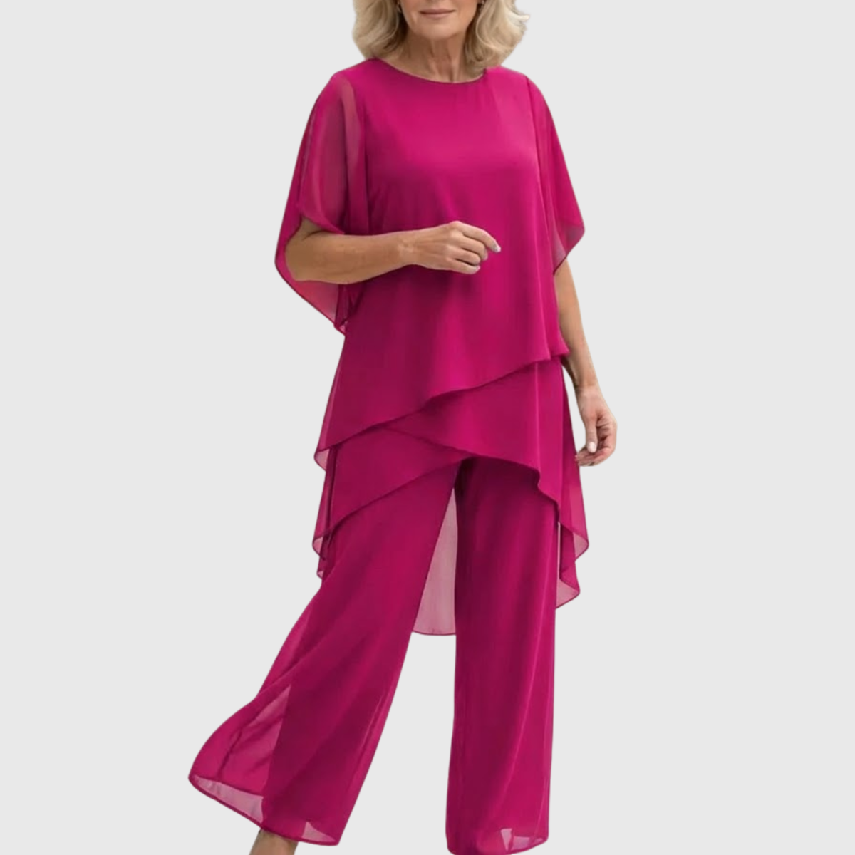 Layered Chiffon Cape Top and Wide Leg Pants Two Piece Set