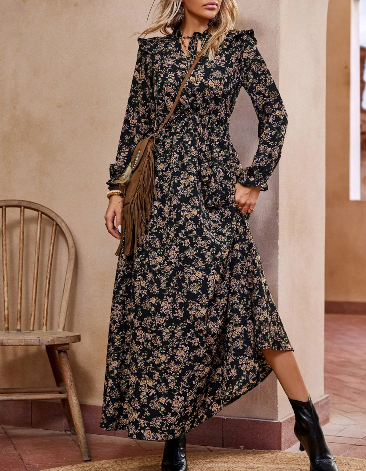 Floral Print Long Sleeve Keyhole Smocked Waist Maxi Dress
