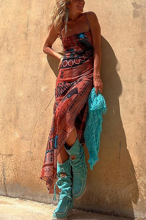 Vibrant Babe Bohemian Print Drawstring Maxi Dress - 3 Colors