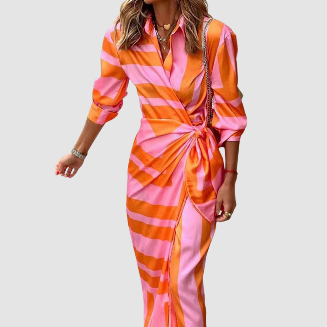 Striped Collared Long Sleeve Twist Front Shirt Dress