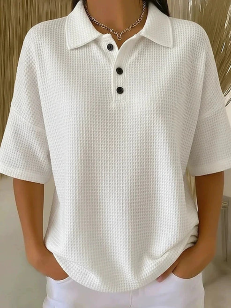 Waffle Knit Collared Short Sleeve Polo Top