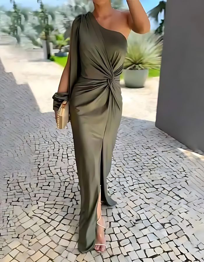 One Shoulder Balloon Sleeve Twist Waist Ruched Front Slit Bodycon Midi Dress