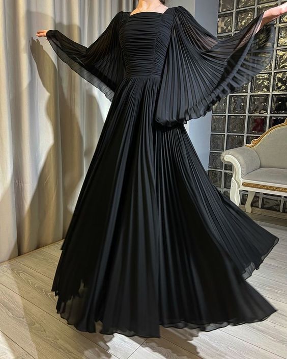Black Chiffon A Line Prom Party Dresses