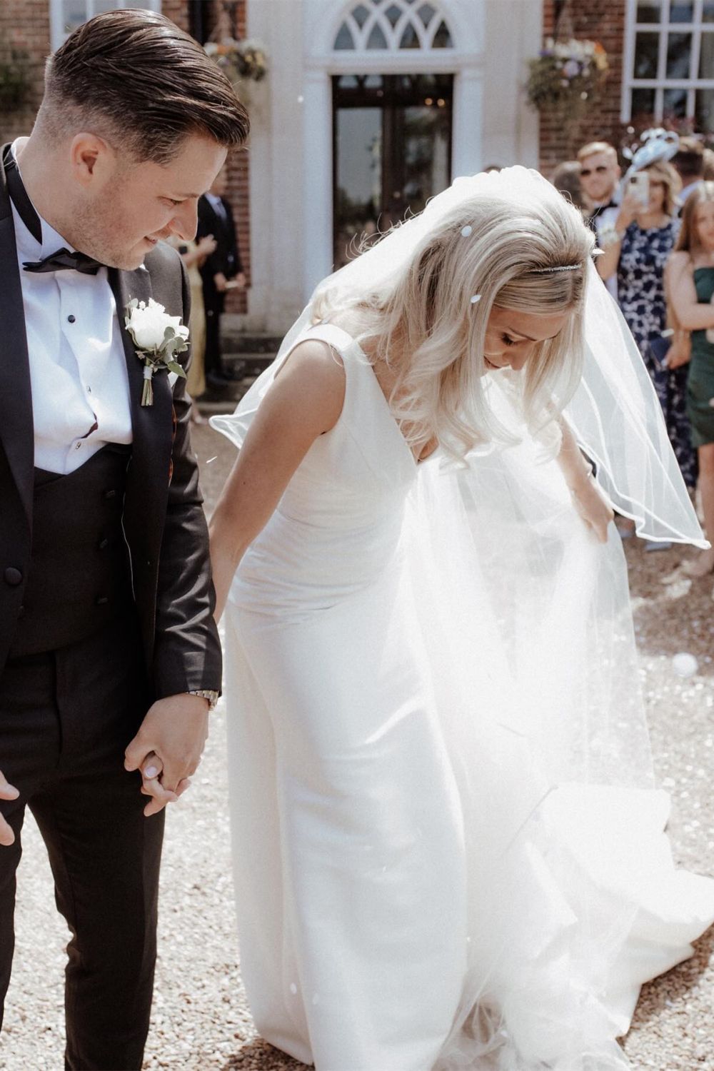 Simple Mermaid Deep V Neck White Satin Long Wedding Dress with Button Up