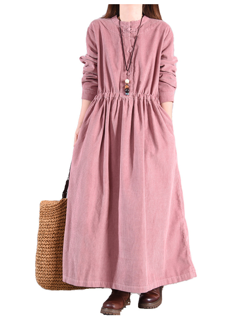 Corduroy Round Neck Button Front Long Sleeve Gathered Waist A-Line Maxi Dress