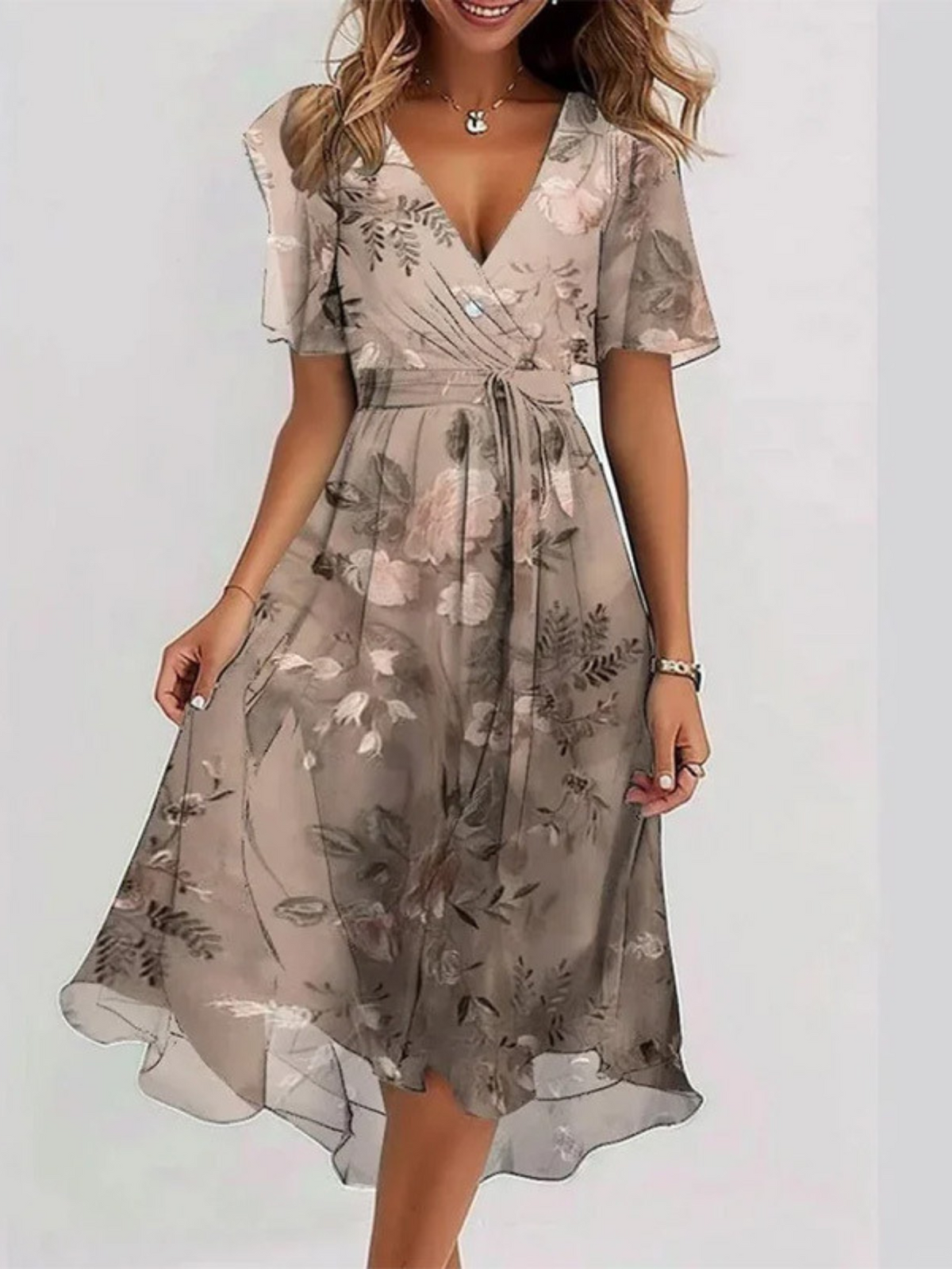 Floral V-Neck Flutter Sleeve Tie Waist Fit and Flare Midi Dress