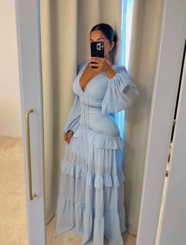 Blue Chiffon Long Prom Dresses Sexy Evening Dress