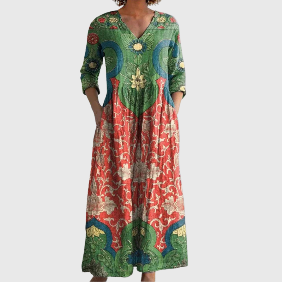 Floral Print V-Neck Midi Dress with Pockets