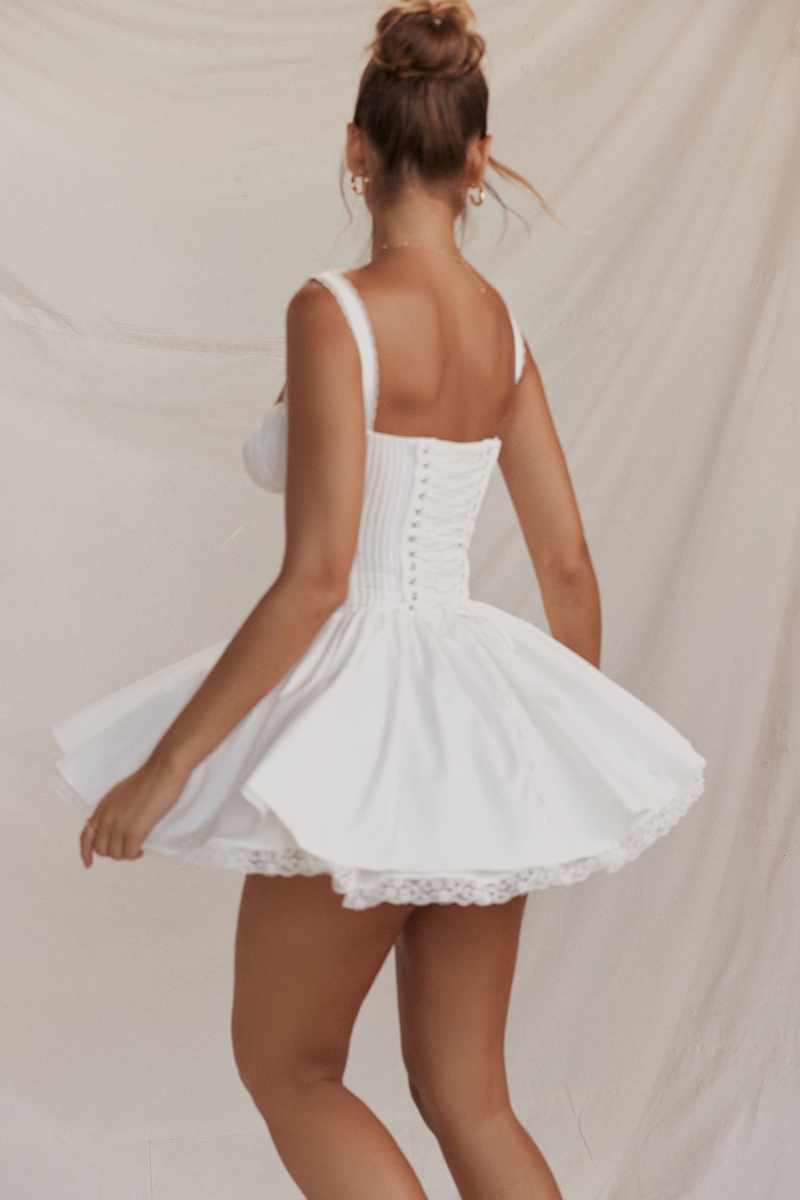 Lace Trim Sweetheart Tie Front Corset Flare Mini Dress