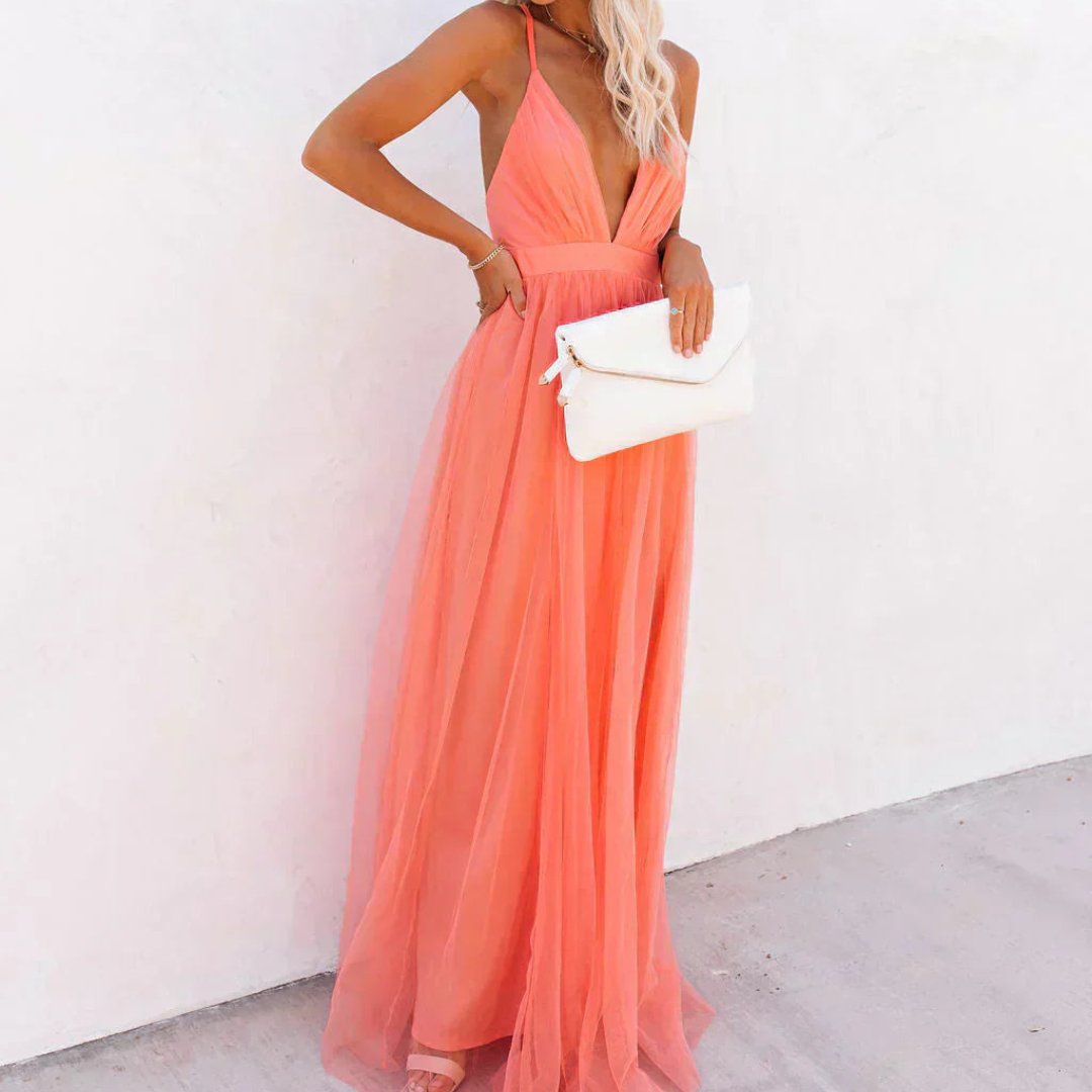 Tulle Deep V-Neck Spaghetti Strap Flowy Maxi Gown