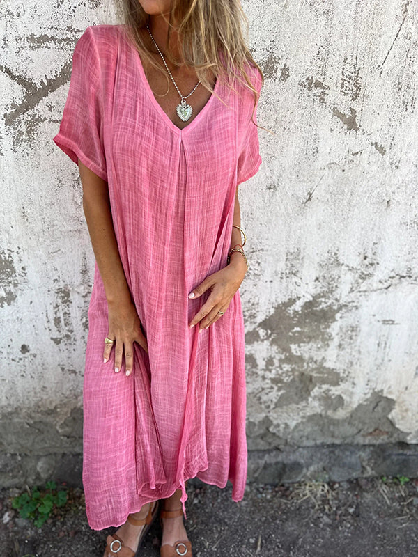 Linen V-Neck Short Sleeve Loose Midi Dress 5