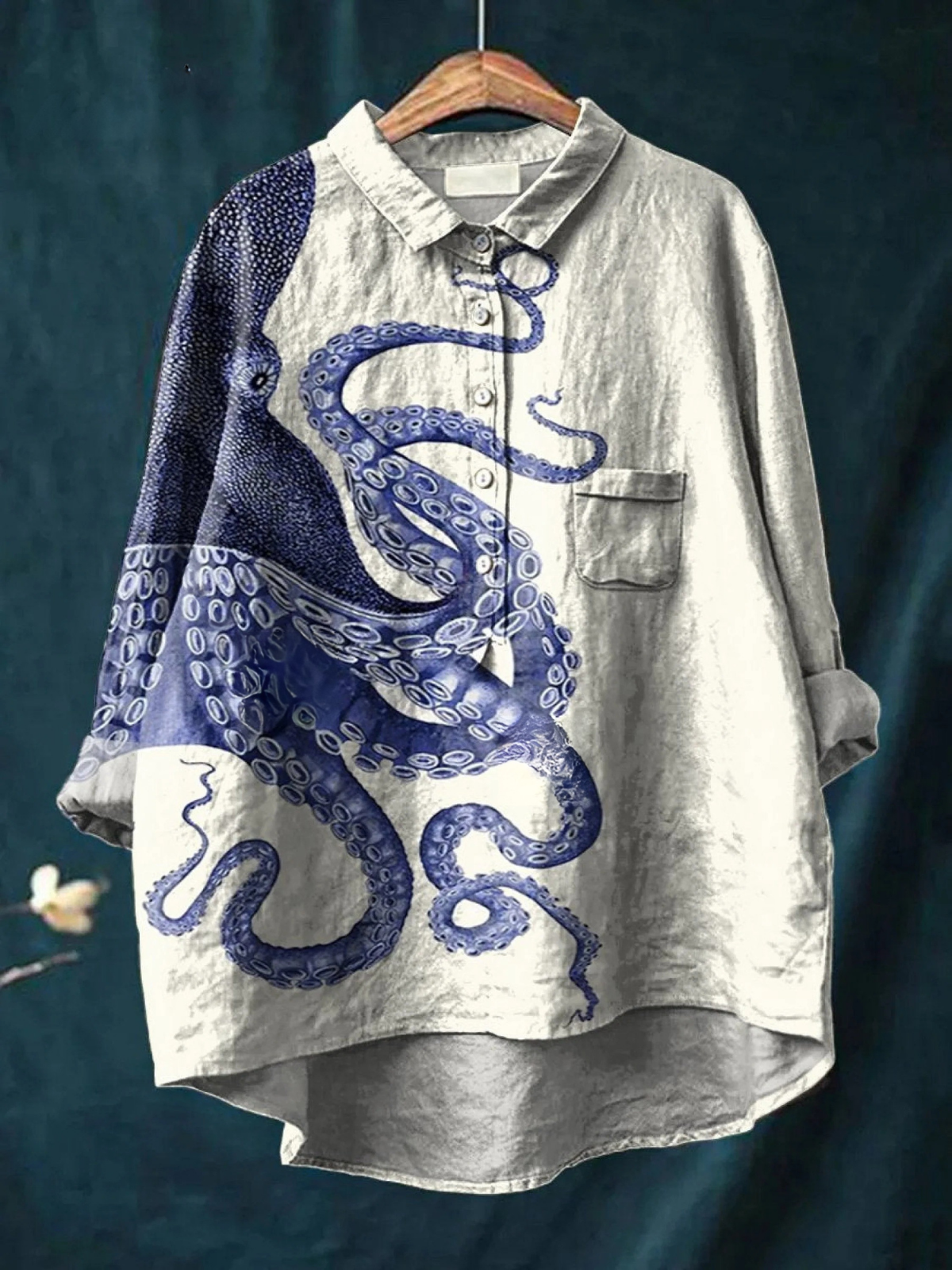 Octopus Print Long Sleeve Button Up Shirt
