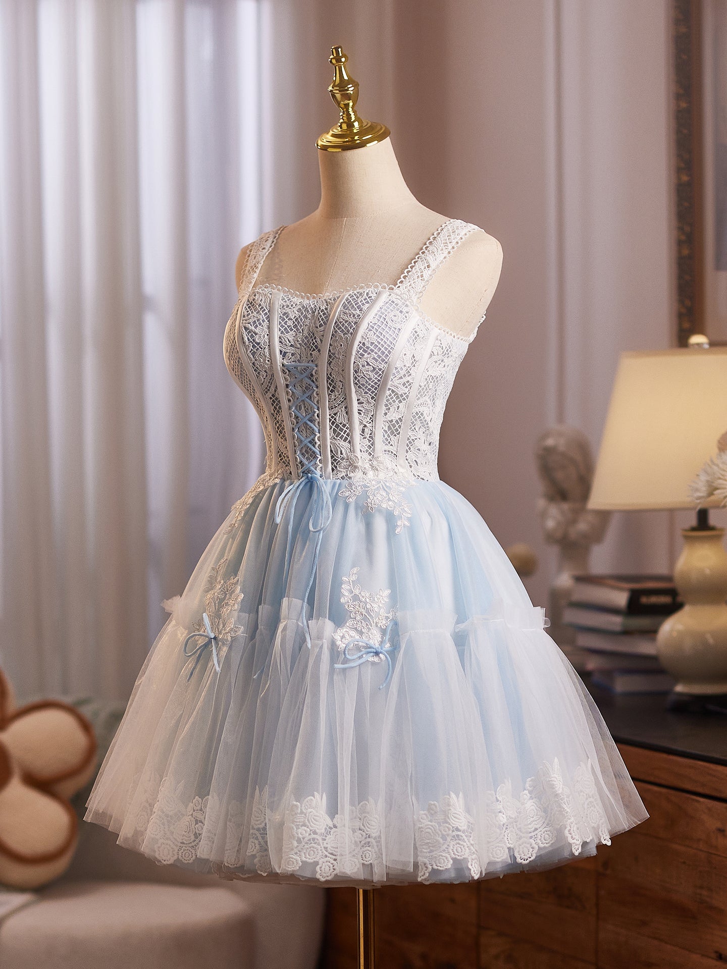 Sky Blue Appliques Straps Tulle A Line Homecoming Dress