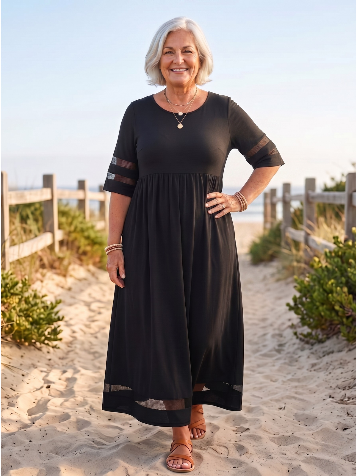 Round Neck Half Sleeve Mesh Panel Gathered Waist Midi Dress