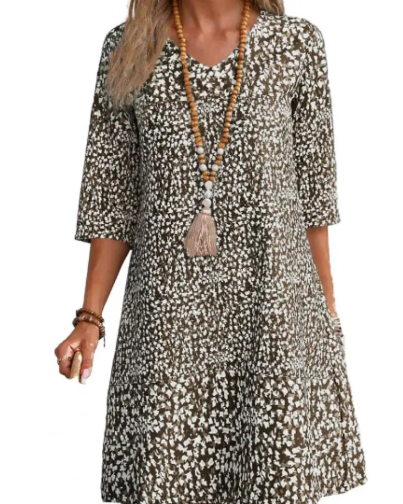 Abstract Print V-Neck Three Quarter Sleeve Tiered Shift Mini Dress