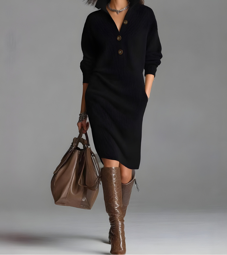 Ribbed Knit Collared Button Neck Sweater Dress