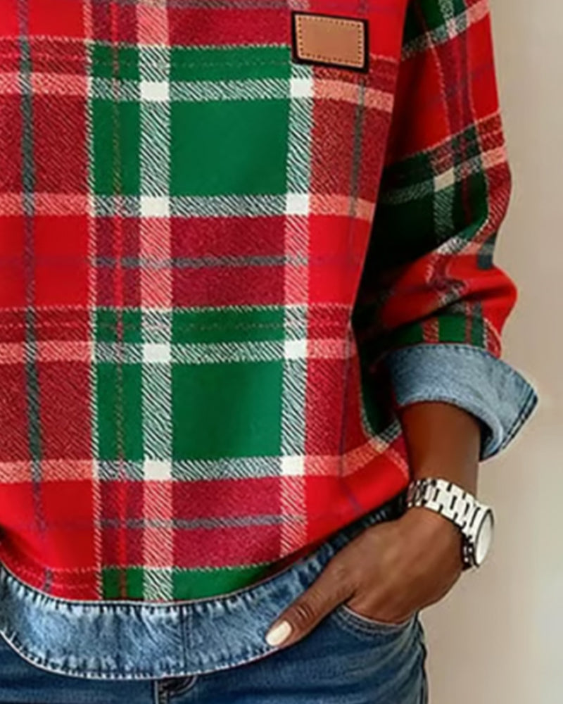 Crew Neck Plaid Denim Contrast Long Sleeve Sweatshirt