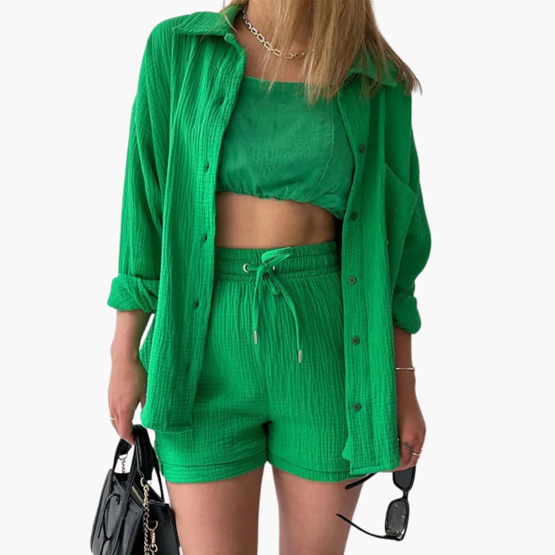 Button Front Shirt and Drawstring Shorts Two Piece Set