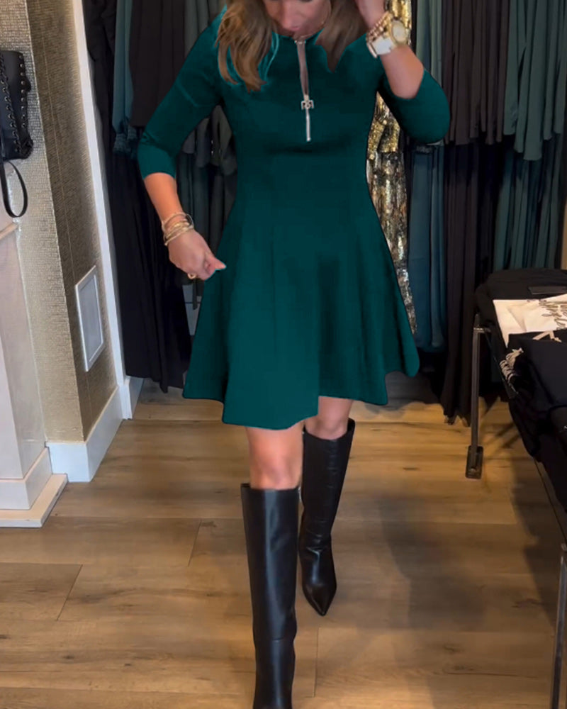 Round Neck Exposed Zip Front Three Quarter Sleeve A-Line Mini Dress
