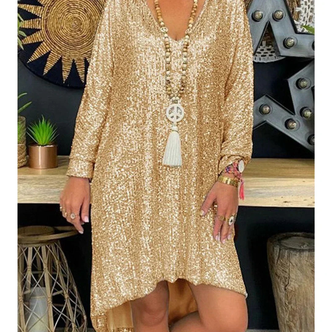 Sequin V-Neck Long Sleeve Shift Mini Dress