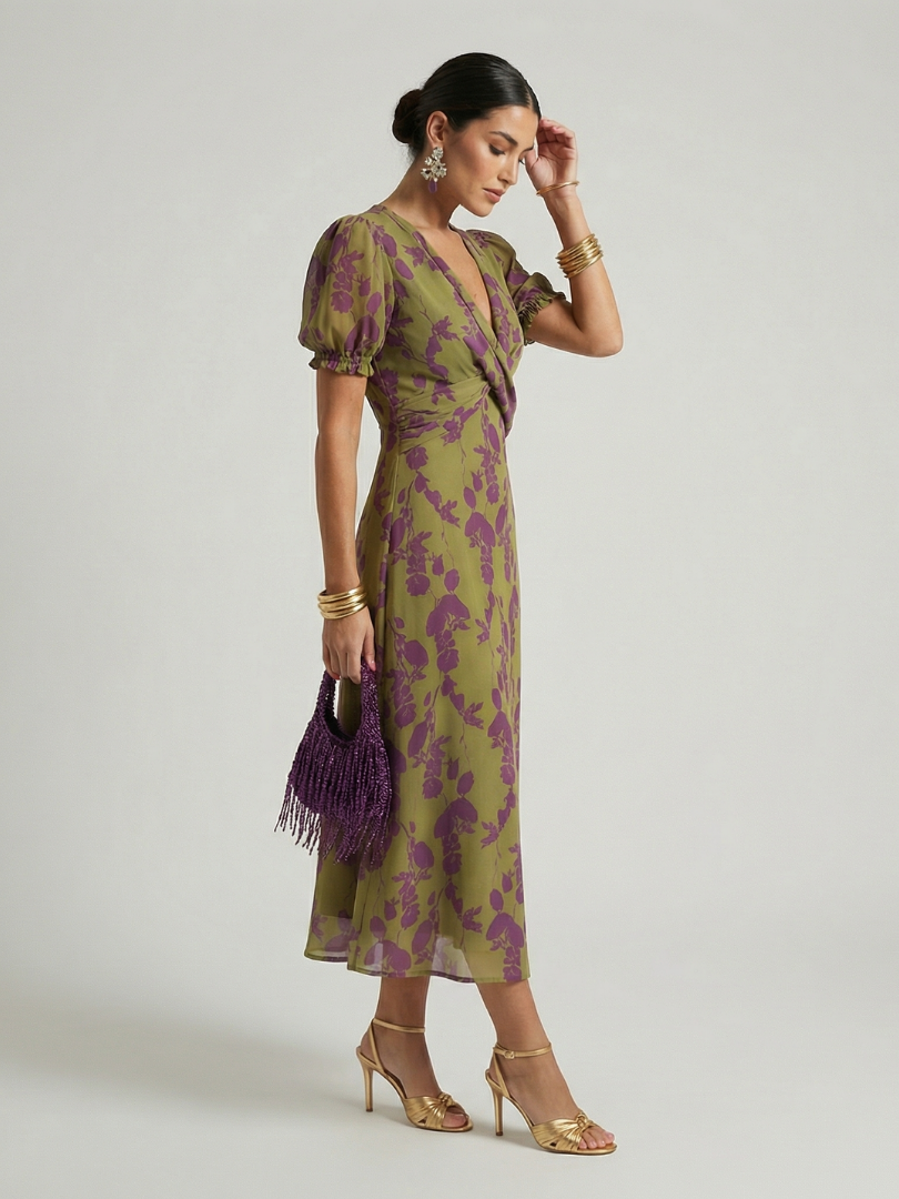 Floral Print V-Neck Puff Sleeve Wrap Midi Dress