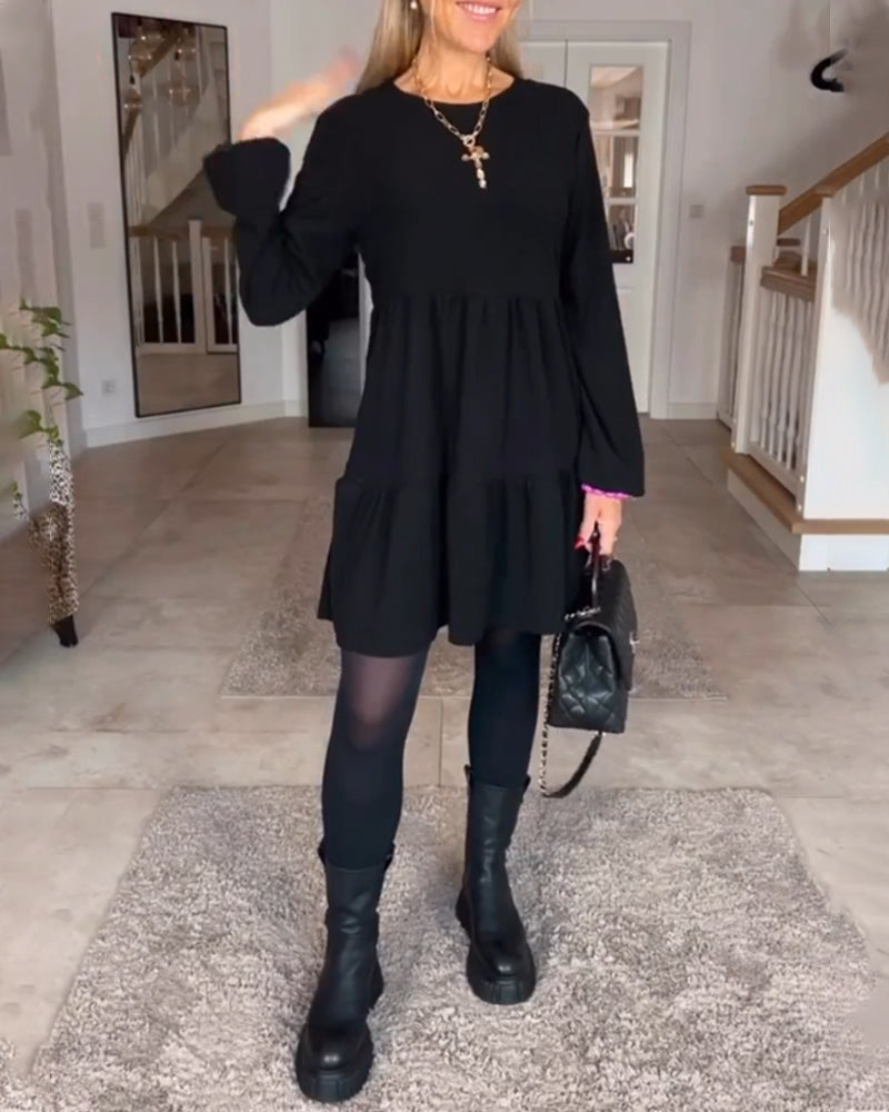 Long Sleeve Crew Neck Tiered Smock Babydoll Mini Dress