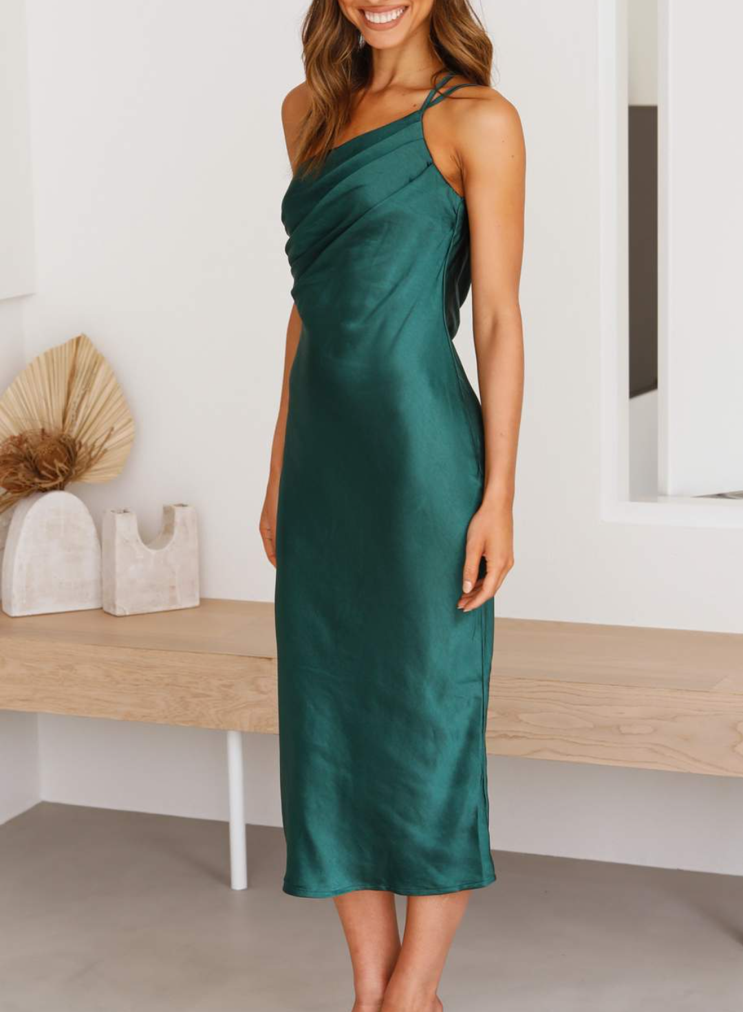 Satin One Shoulder Cowl Neck Spaghetti Strap Slip Midi Dress