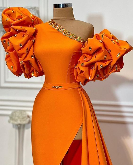 One Shoulder Unique Evening Dresses Long Orange Beaded Mermaid Elegant Simple Formal Evening Gown