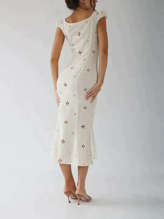 Eyelet Embroidered Cap Sleeve Keyhole Button Front Bodycon Midi Dress