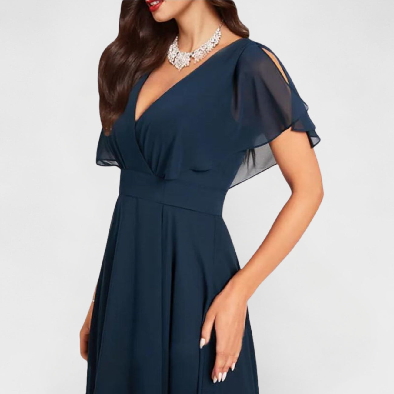 Chiffon V-Neck Flutter Sleeve Ruched High Low Midi Dress 3