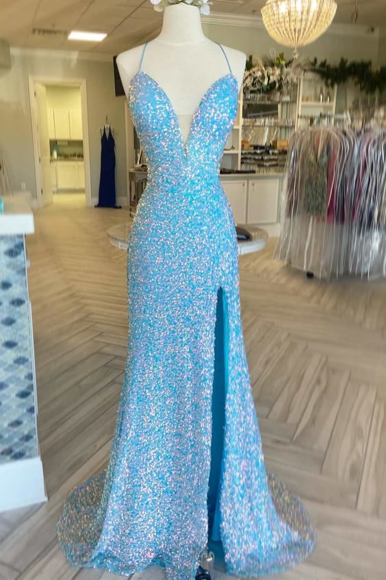 Blue Iridescent Sequin Lace-Up Long Prom Dress With Slit