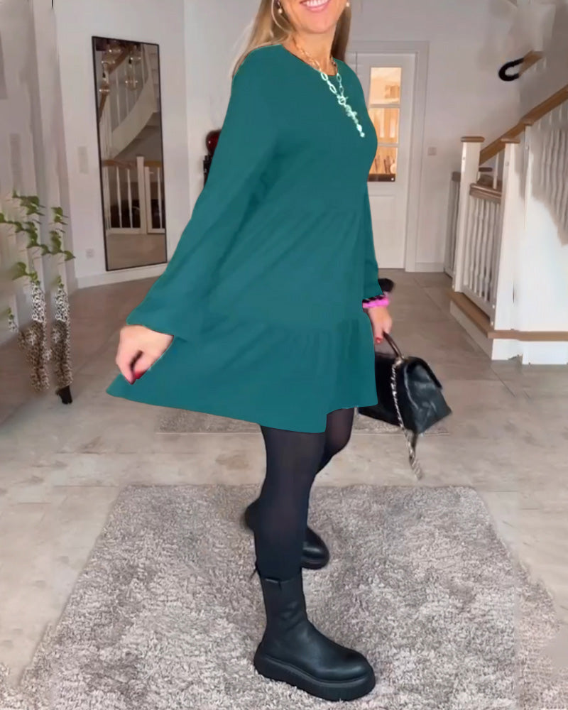 Long Sleeve Crew Neck Tiered Smock Babydoll Mini Dress