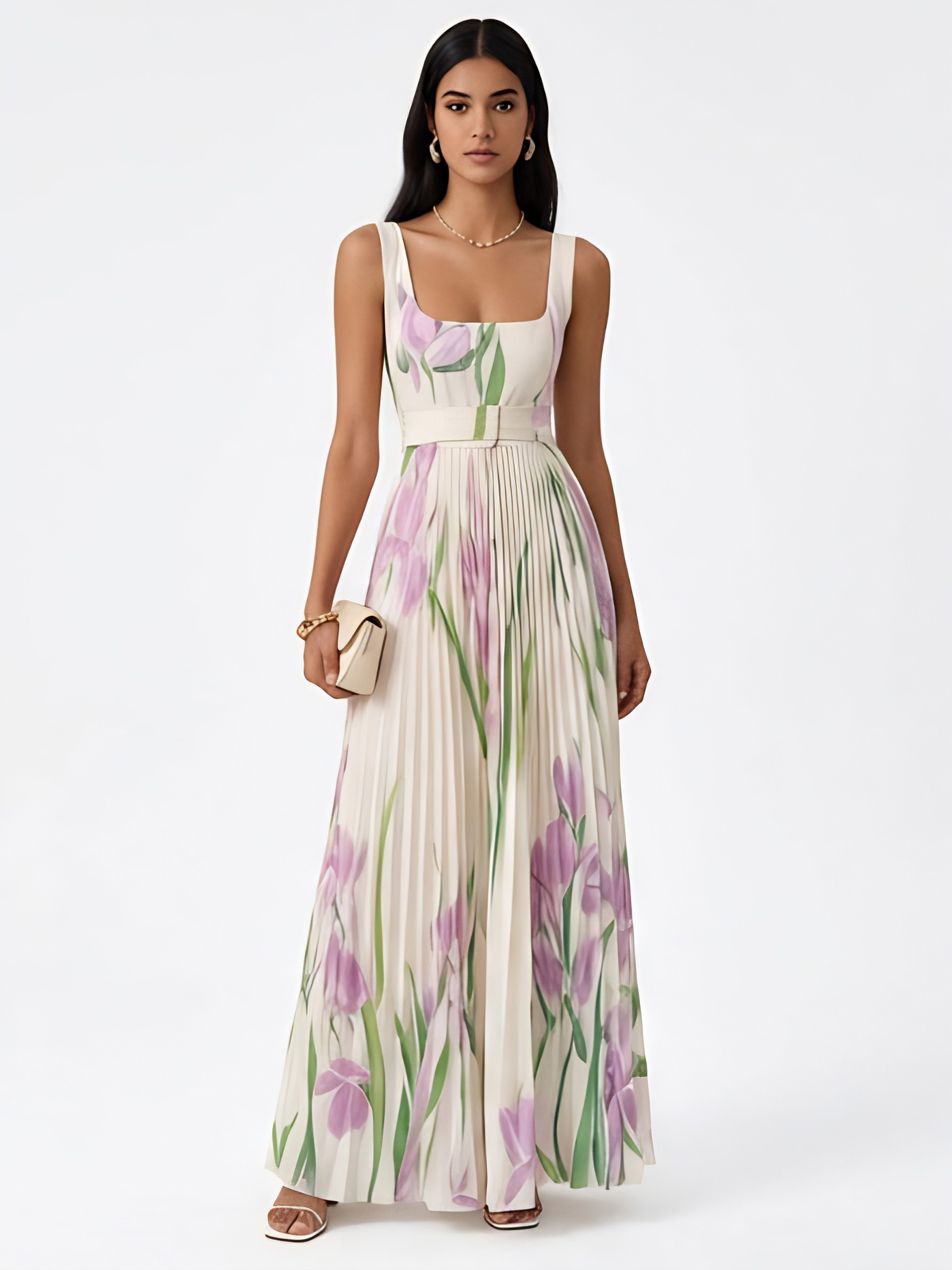 Floral Print Square Neck Belted Pleated Maxi Dress