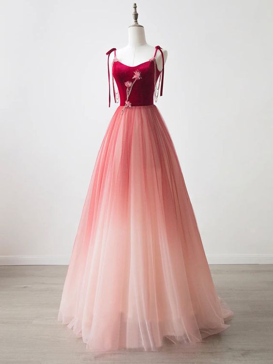 Burgundy Velvet Tulle Long Prom Dress Beautiful A-Line Spaghetti Strap Evening Party Dress