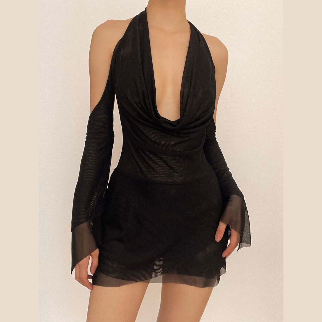 Mesh Cowl Neck Halter Long Sleeve Ruched Mini Dress