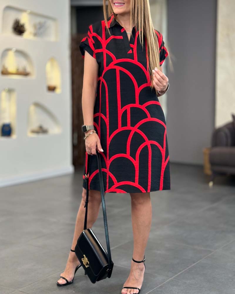 Geometric Print Collared Short Sleeve Shirt Dress