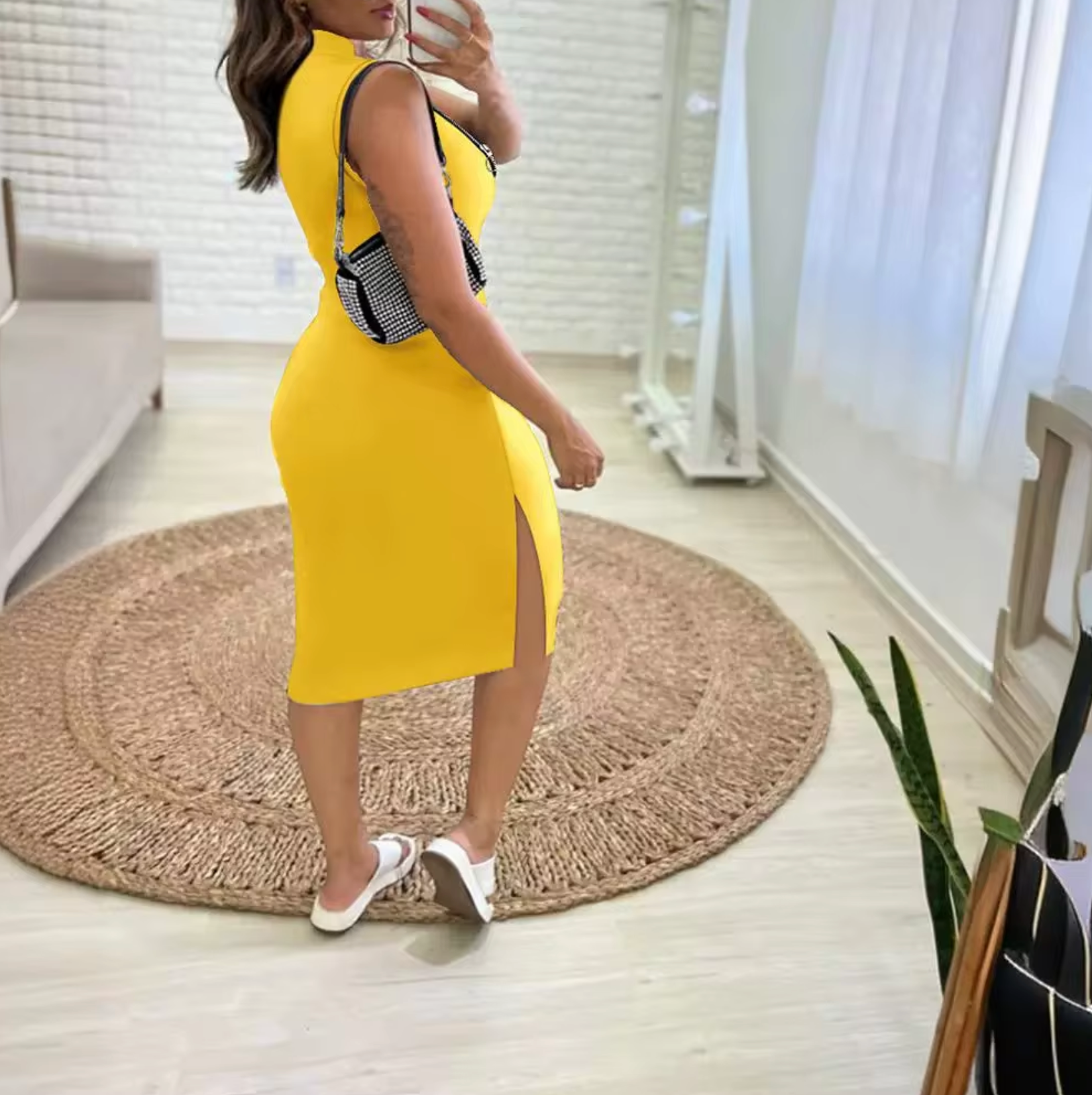 Sleeveless Ribbed Mock Neck Quarter Zip Bodycon High Split Midi Dress
