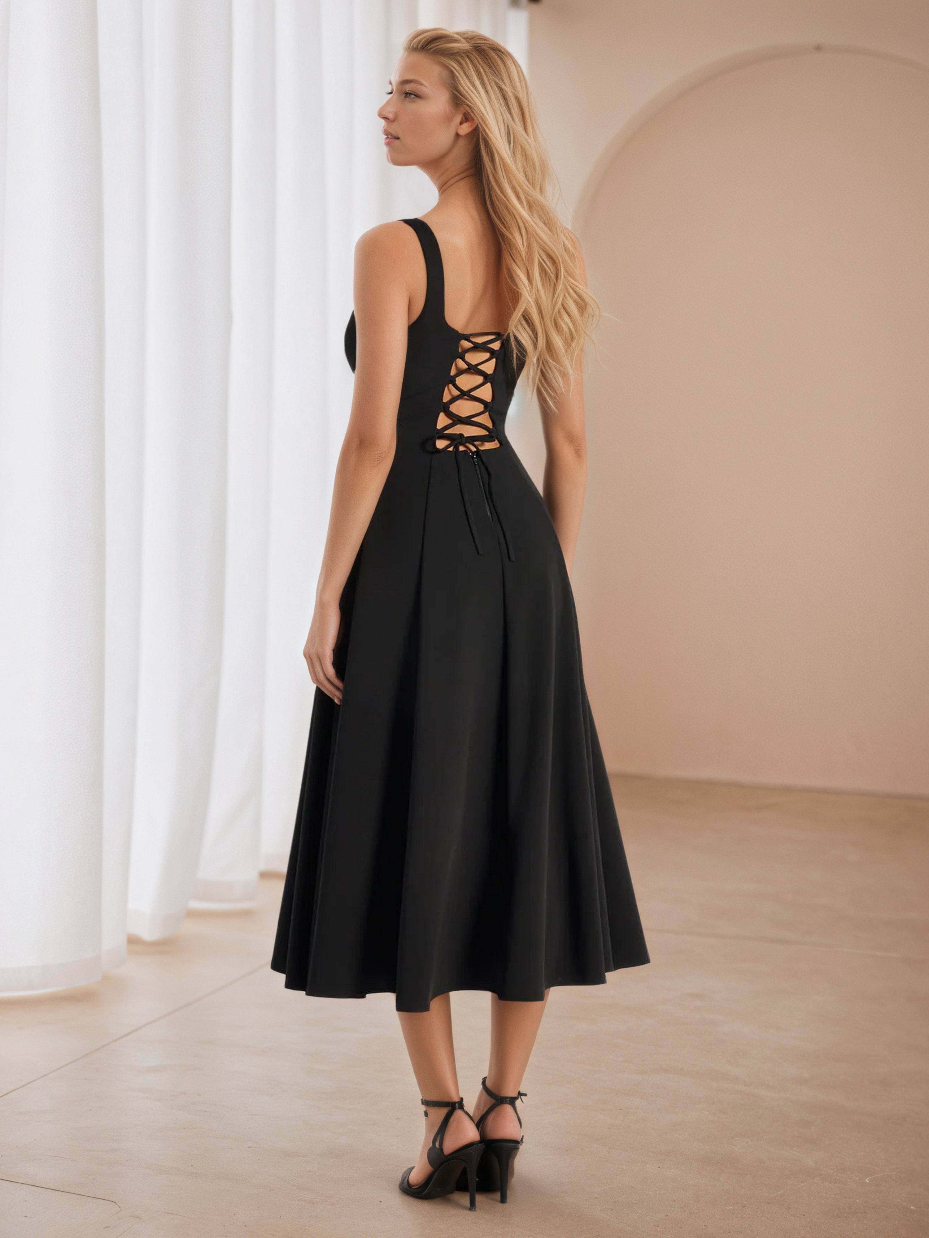 Square Neckline A-Line Tea Length Formal Dresses