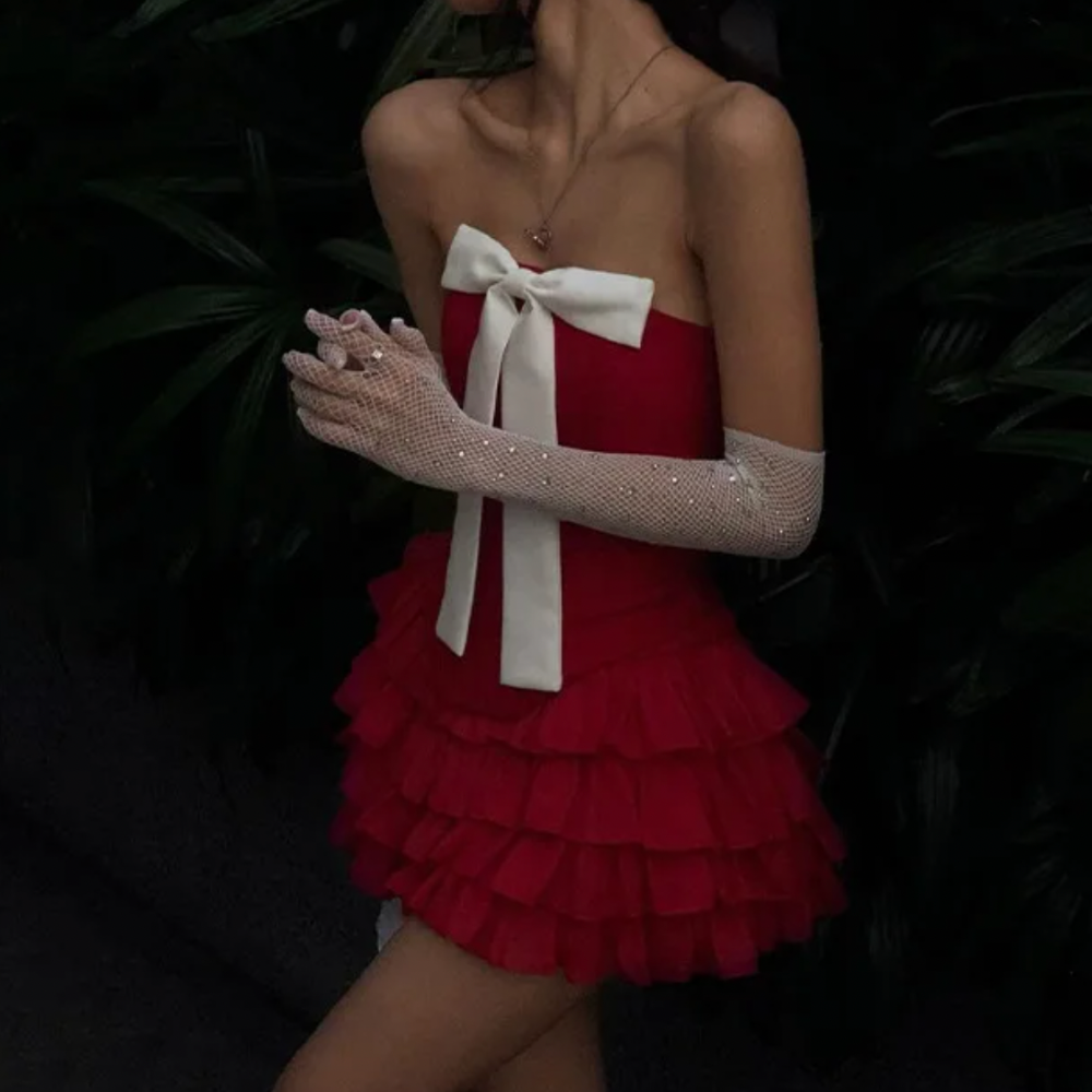 Strapless Bow Tiered Ruffle Mini Dress 6