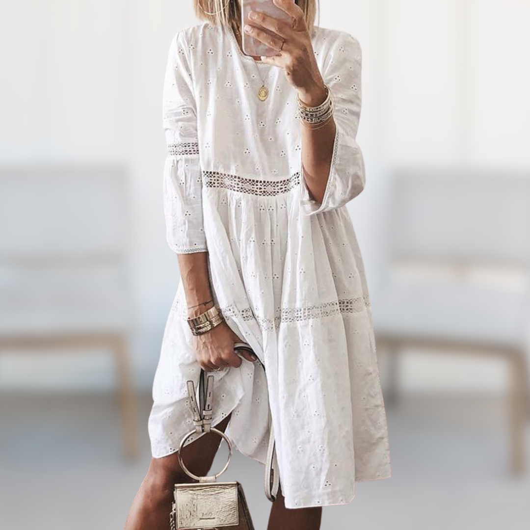 Eyelet Embroidered Lace Trim Tiered 3/4 Sleeve Mini Dress