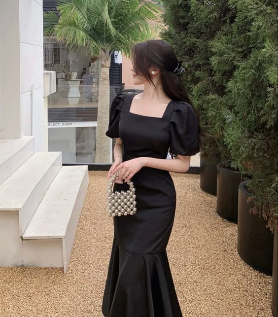 Puff-Sleeve Square-Neck Mermaid Dress,Vintage Black Prom Dress fg6494