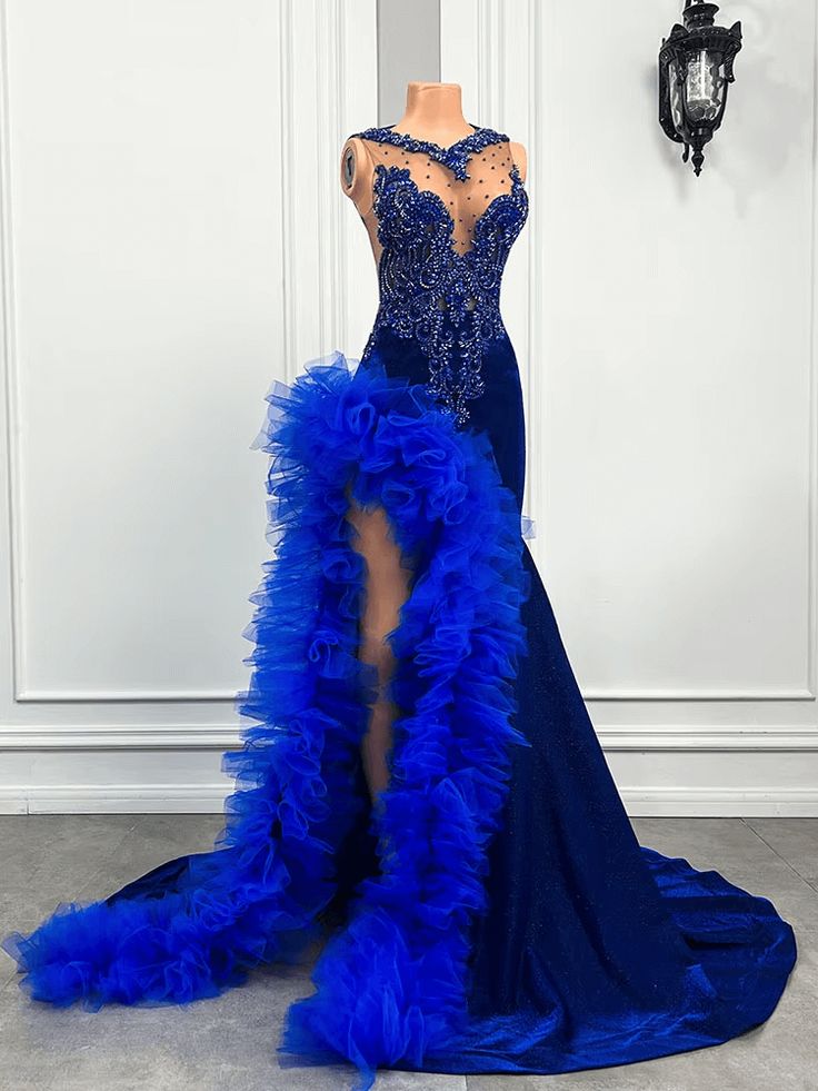 Royal Blue Mermaid Prom Dress Ruffled Evening Dresses with Slit    fg7640