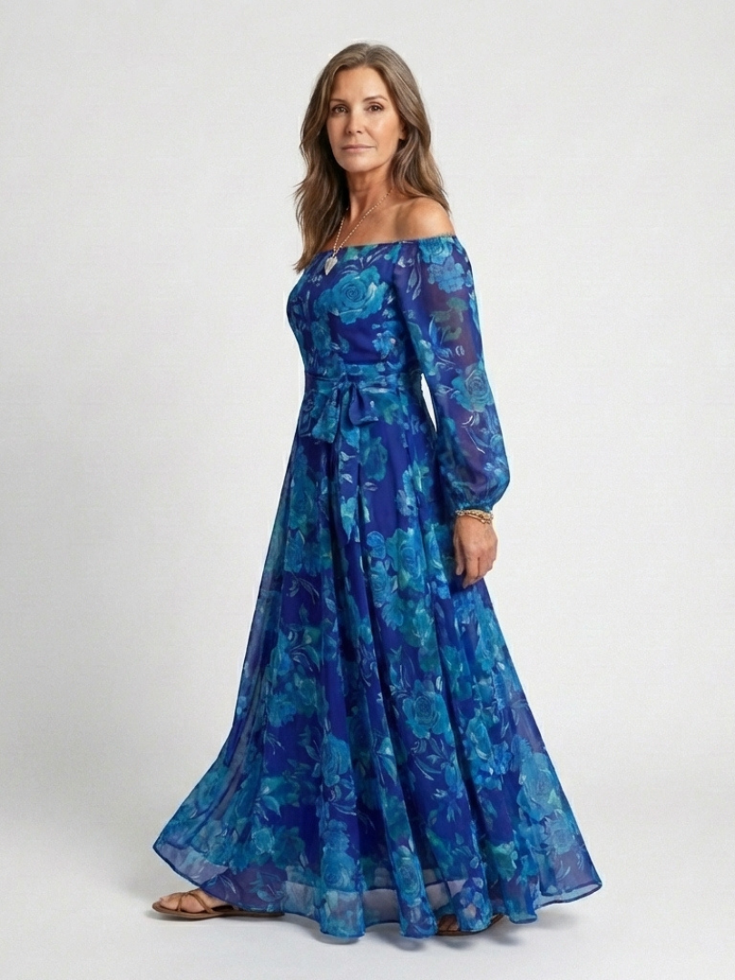 Floral Off Shoulder Long Sleeve Belted Maxi Dress