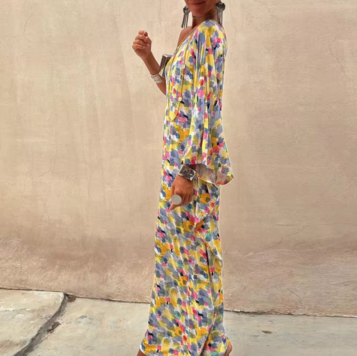 Abstract Floral Print One Shoulder Batwing Sleeve Loose Maxi Dress 3