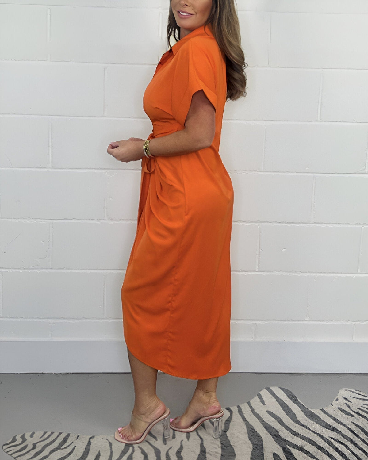 Collared Short Sleeve Tie Waist Ruched High Low Shirt Dress 9