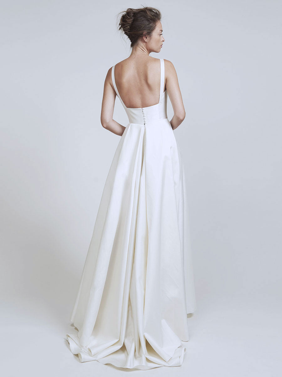 Satin Square Neck Wide Strap Sleeveless Tiered Floor Length Gown