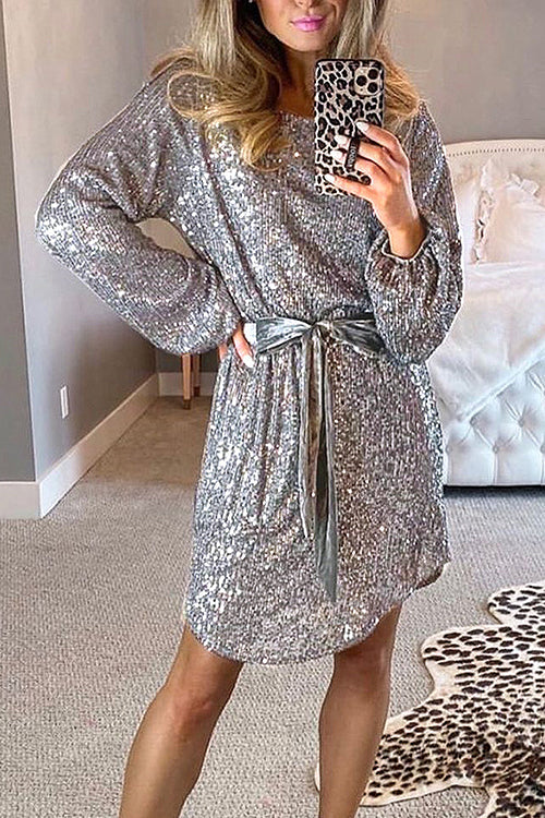 Sequin Bishop Sleeve Tie Waist Mini Dress