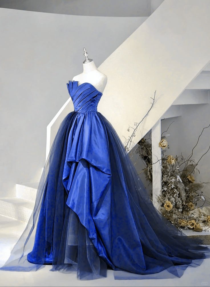 Blue Satin And Tulle Long Party Dress Prom Dress Blue Evening Dress