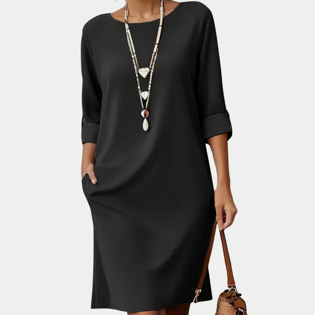 Round Neck Roll Tab Sleeve Shift Dress